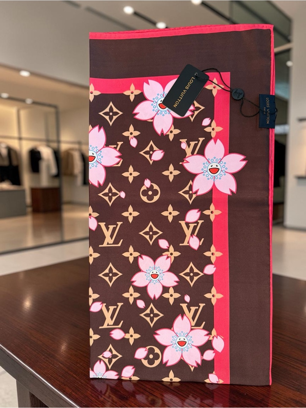 Source Unknown Brown & Pink Monogram Floral Silk Scarf